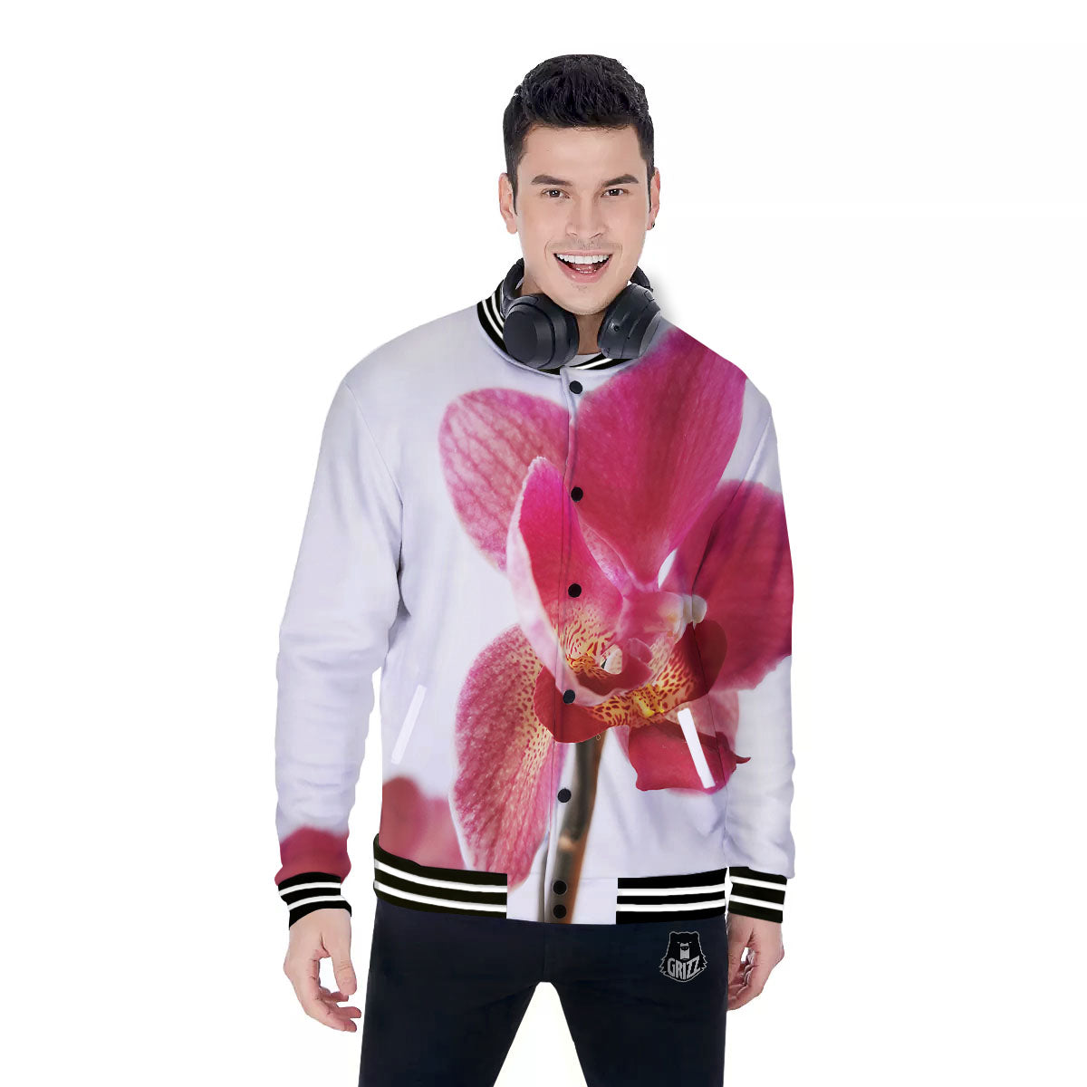 Orchid Flower Pink Print Baseball Jacket-grizzshop
