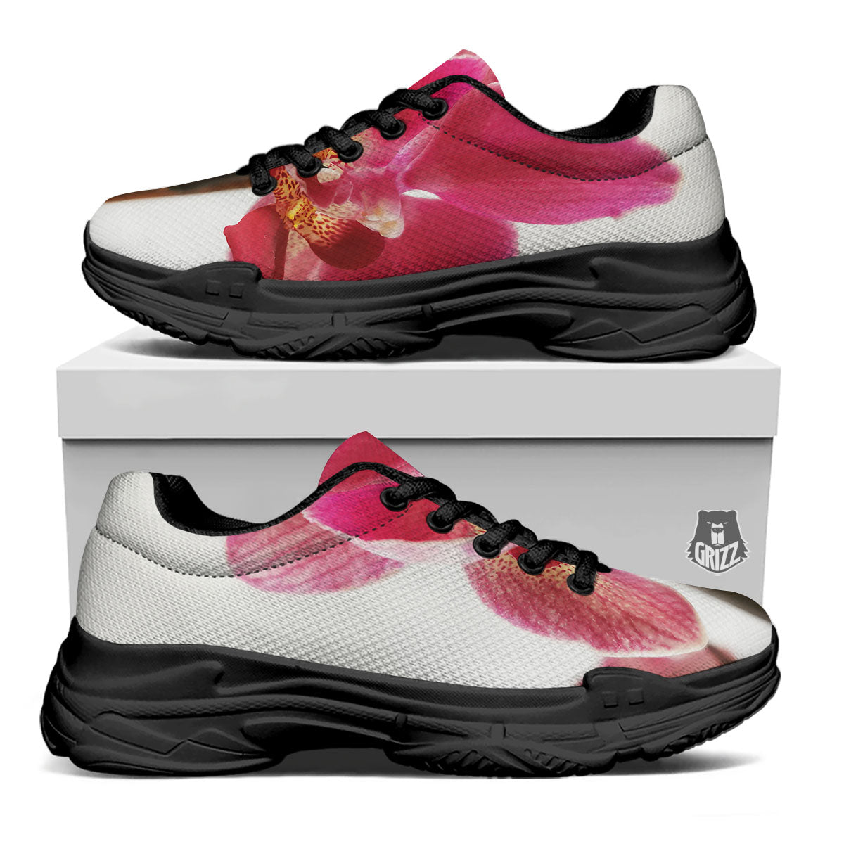 Orchid Flower Pink Print Black Chunky Shoes-grizzshop