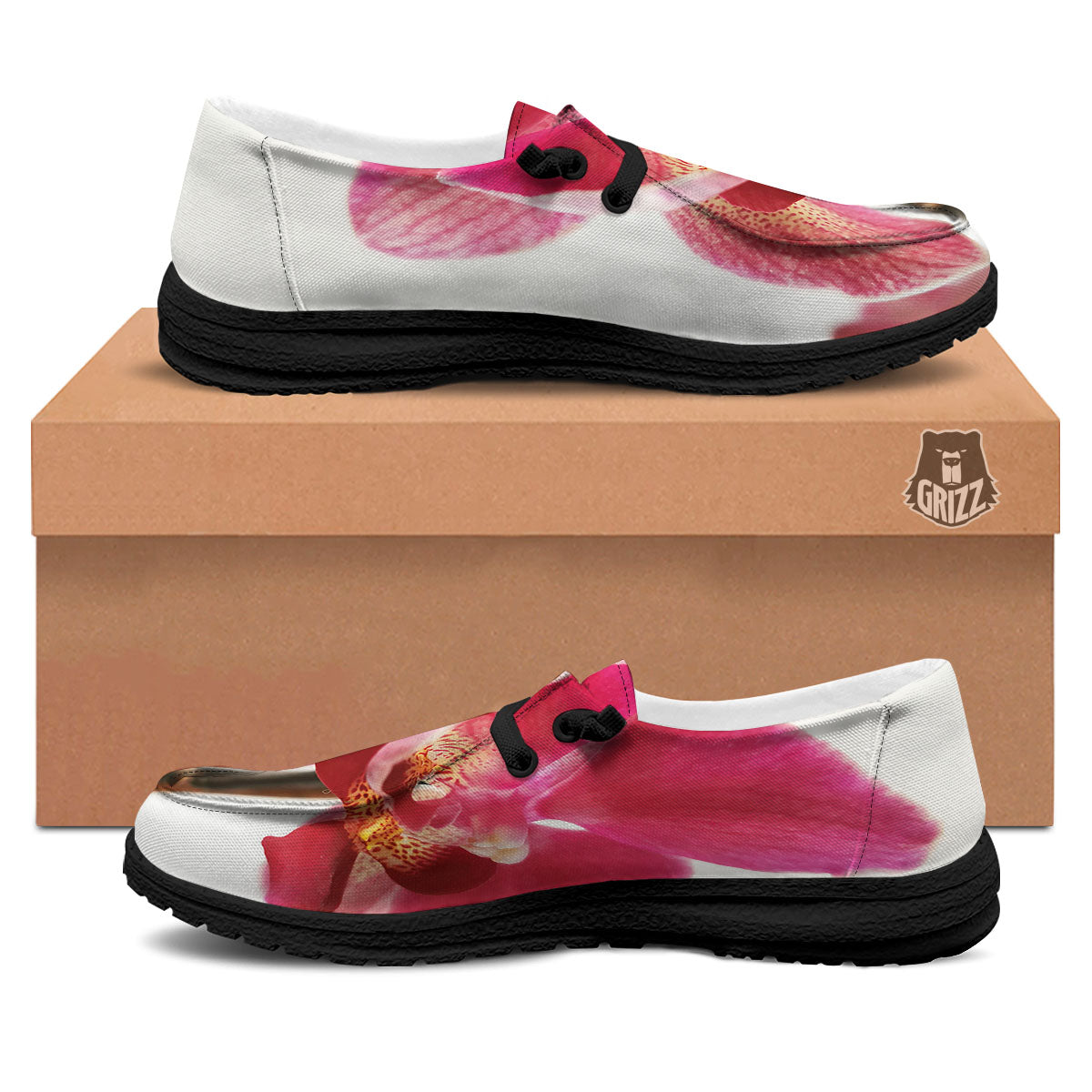 Orchid Flower Pink Print Black Loafers-grizzshop