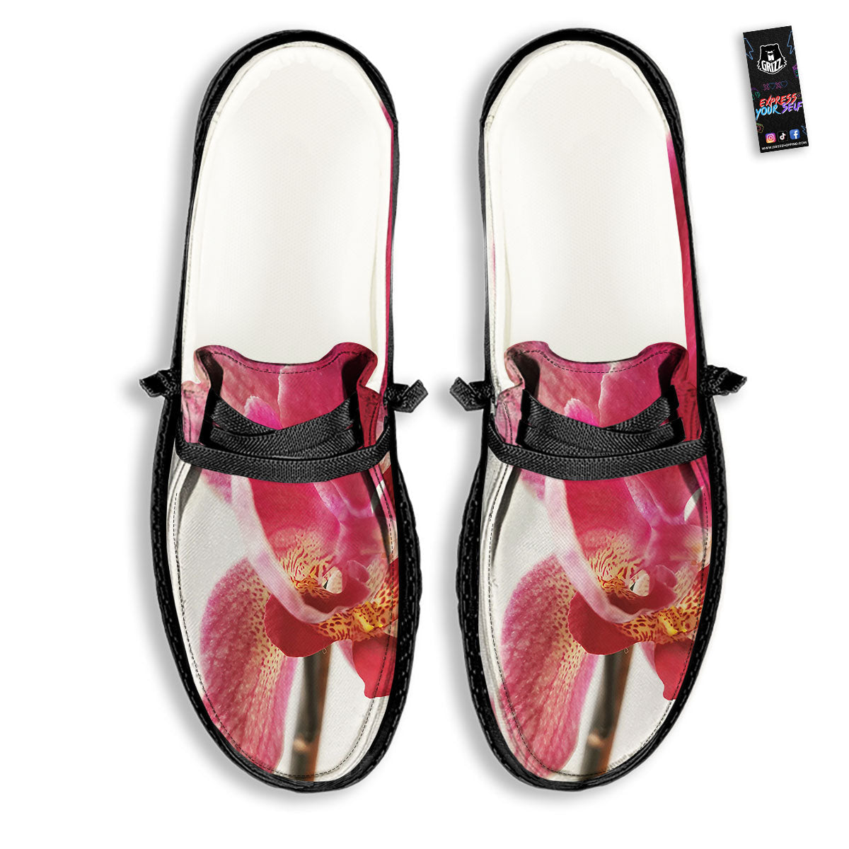 Orchid Flower Pink Print Black Loafers-grizzshop