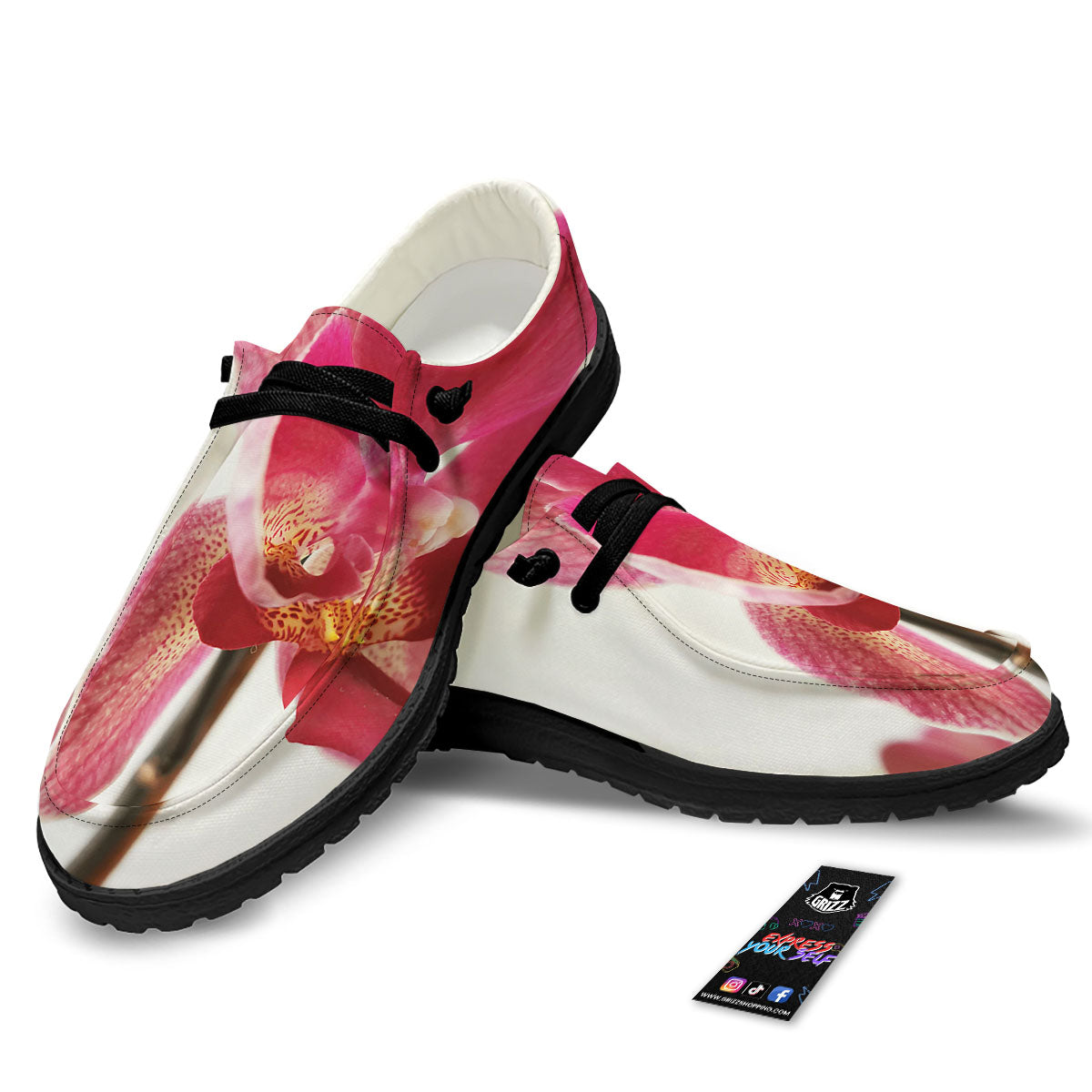 Orchid Flower Pink Print Black Loafers-grizzshop