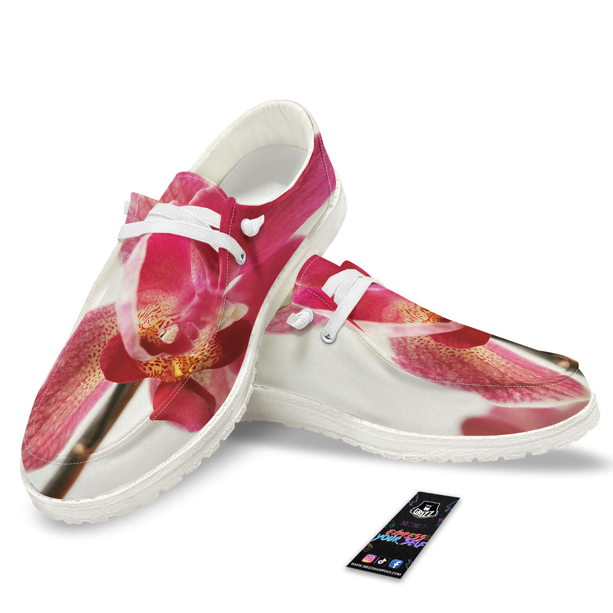 Orchid Flower Pink Print Black Loafers-grizzshop