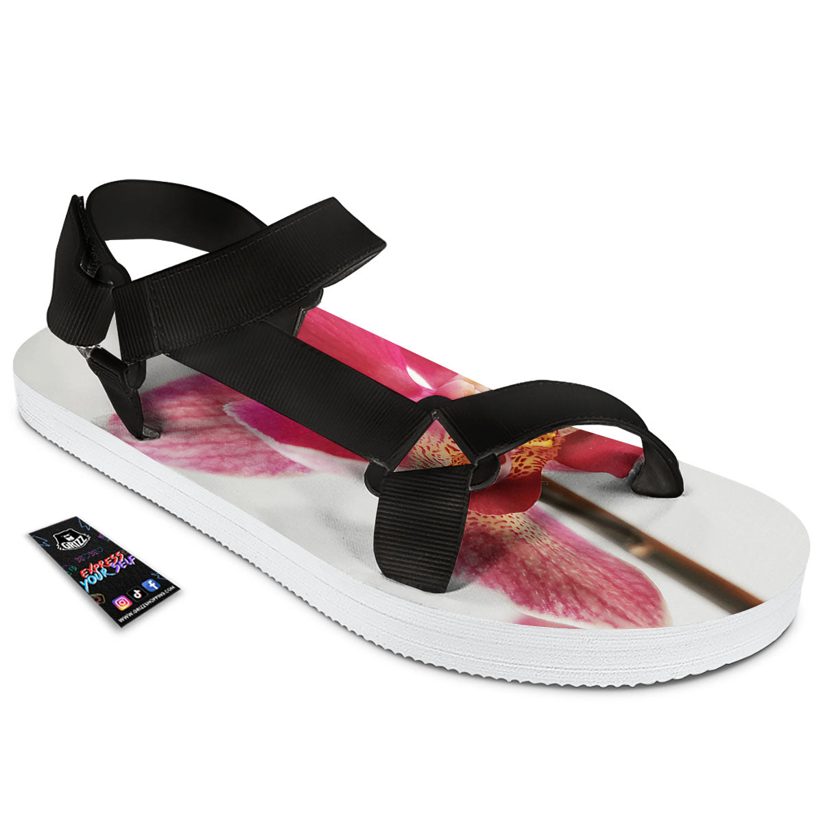 Orchid Flower Pink Print Black Open Toe Sandals-grizzshop
