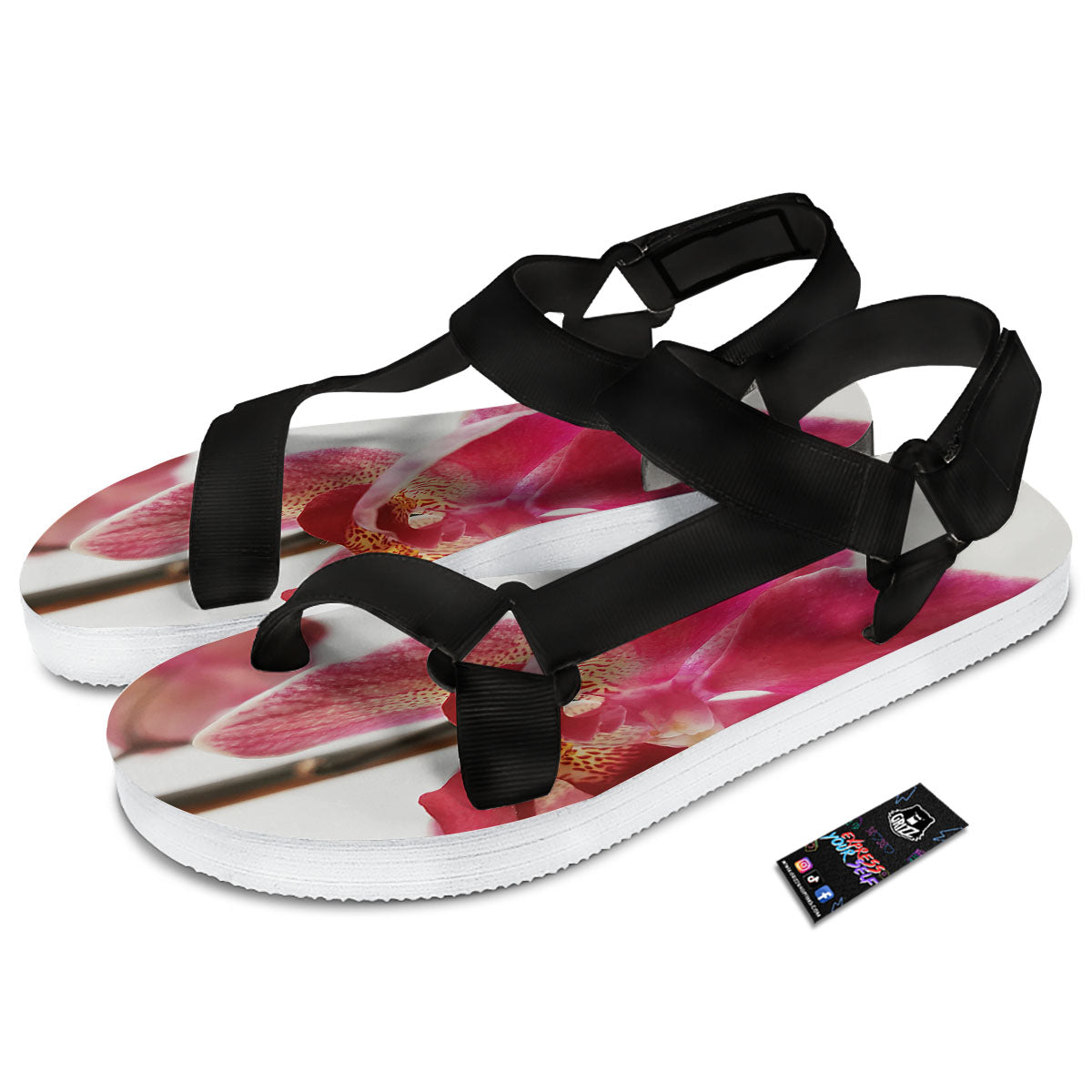 Orchid Flower Pink Print Black Open Toe Sandals-grizzshop