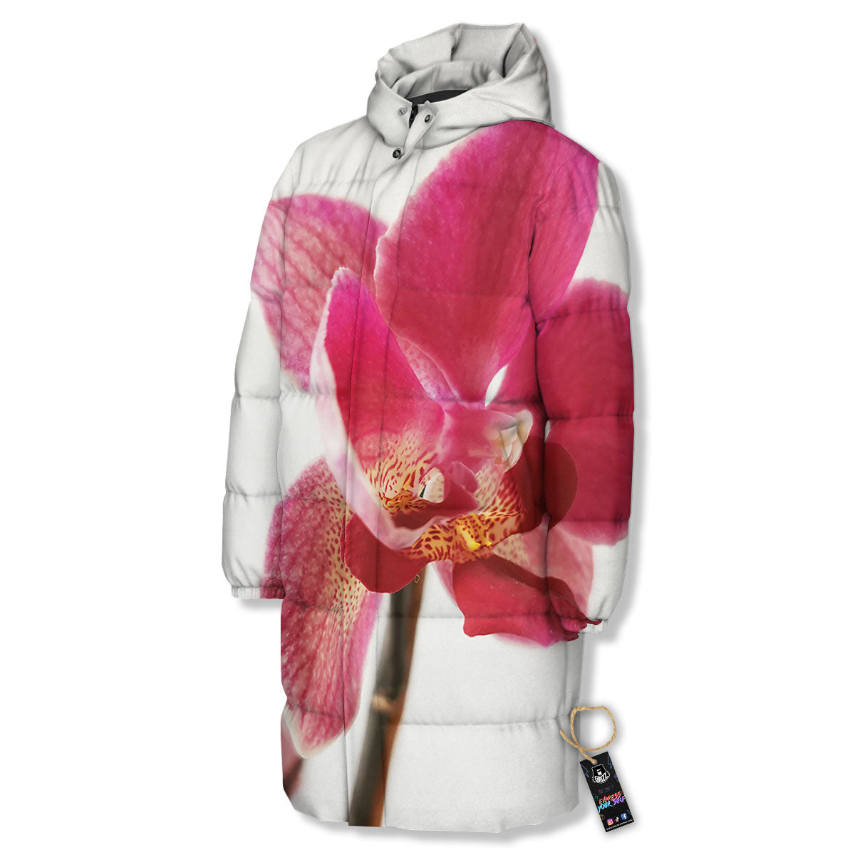 Orchid Flower Pink Print Long Down Jacket-grizzshop