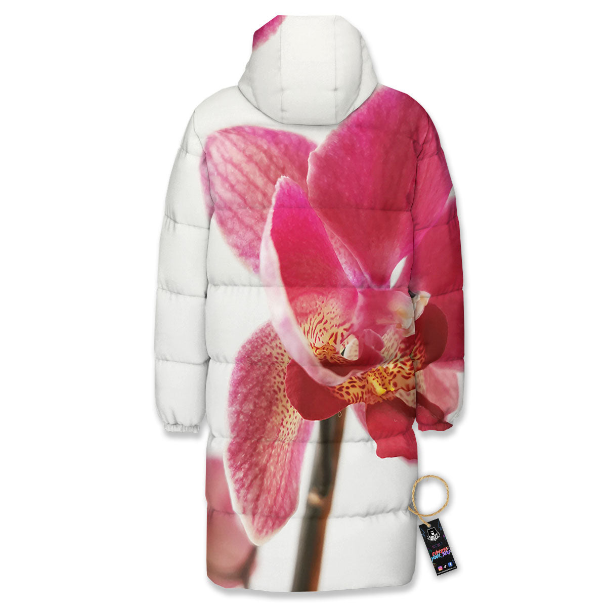 Orchid Flower Pink Print Long Down Jacket-grizzshop