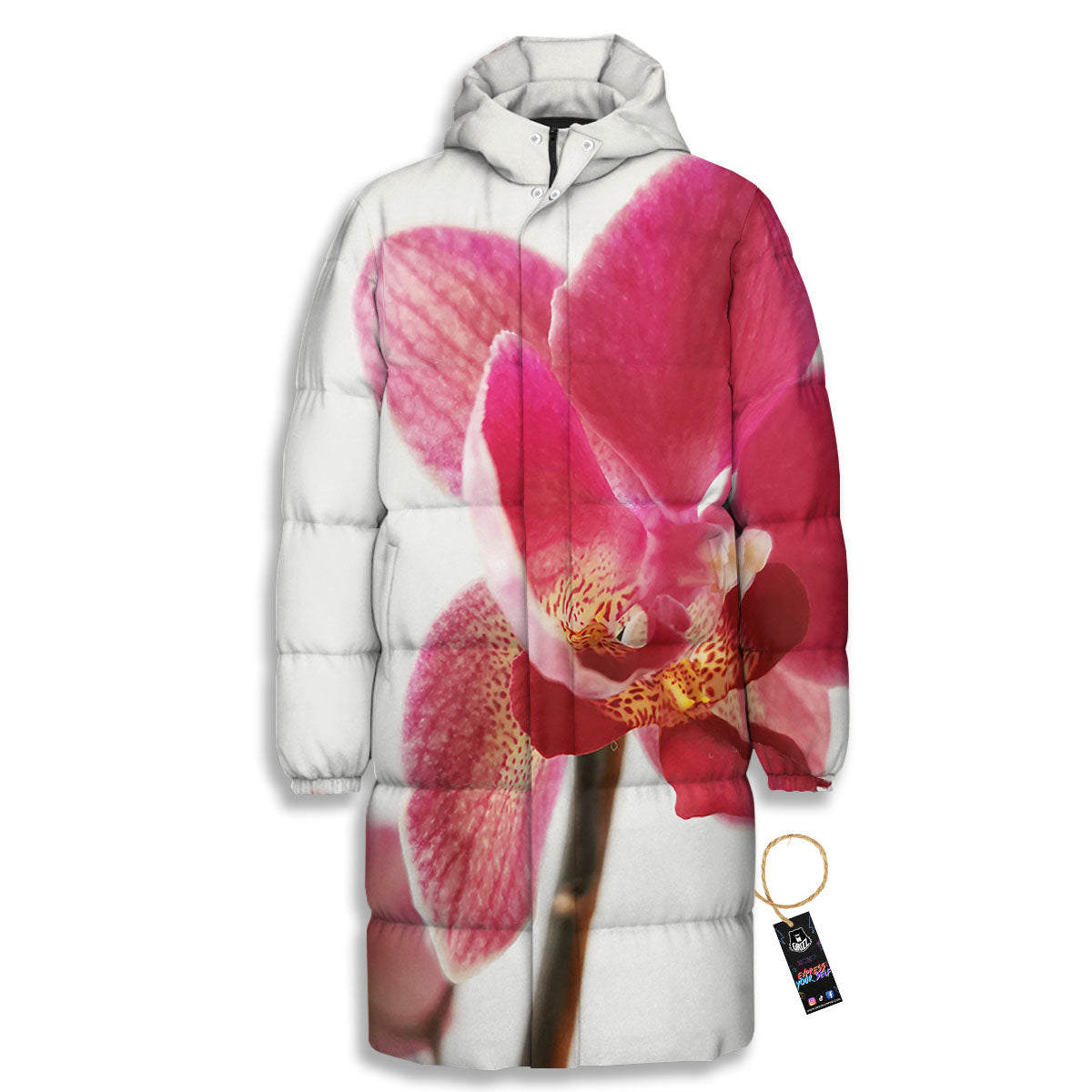 Orchid Flower Pink Print Long Down Jacket-grizzshop