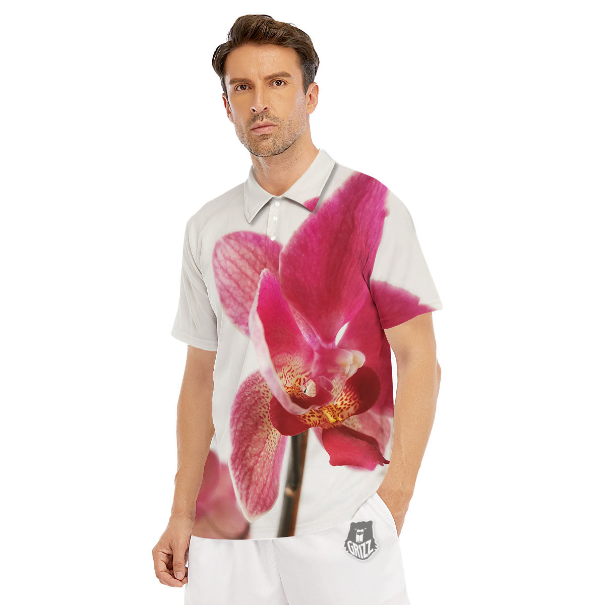 Orchid Flower Pink Print Men's Golf Shirts-grizzshop