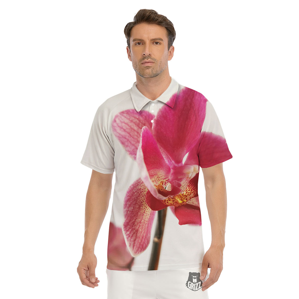 Orchid Flower Pink Print Men's Golf Shirts-grizzshop