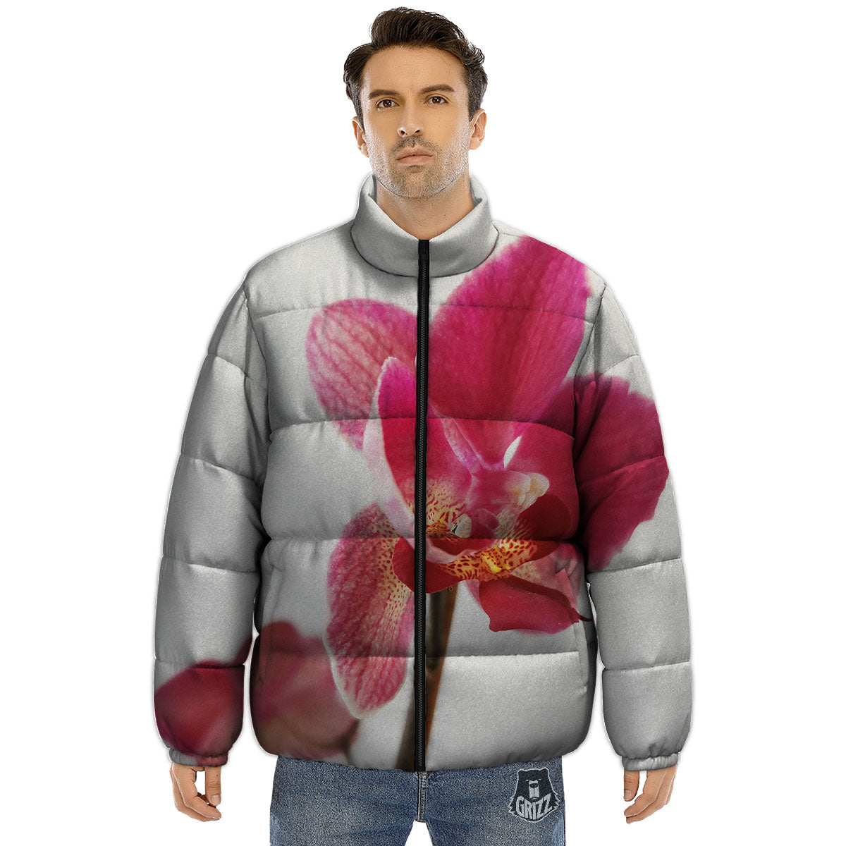 Orchid Flower Pink Print Puffer Jacket-grizzshop