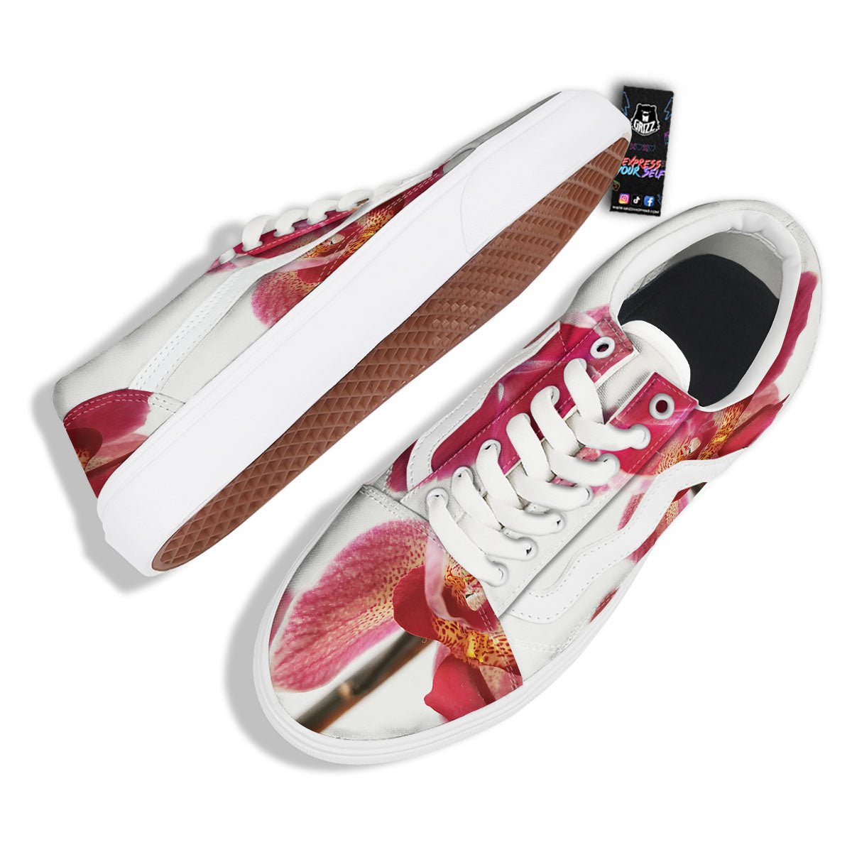 Orchid Flower Pink Print Skate Shoes-grizzshop