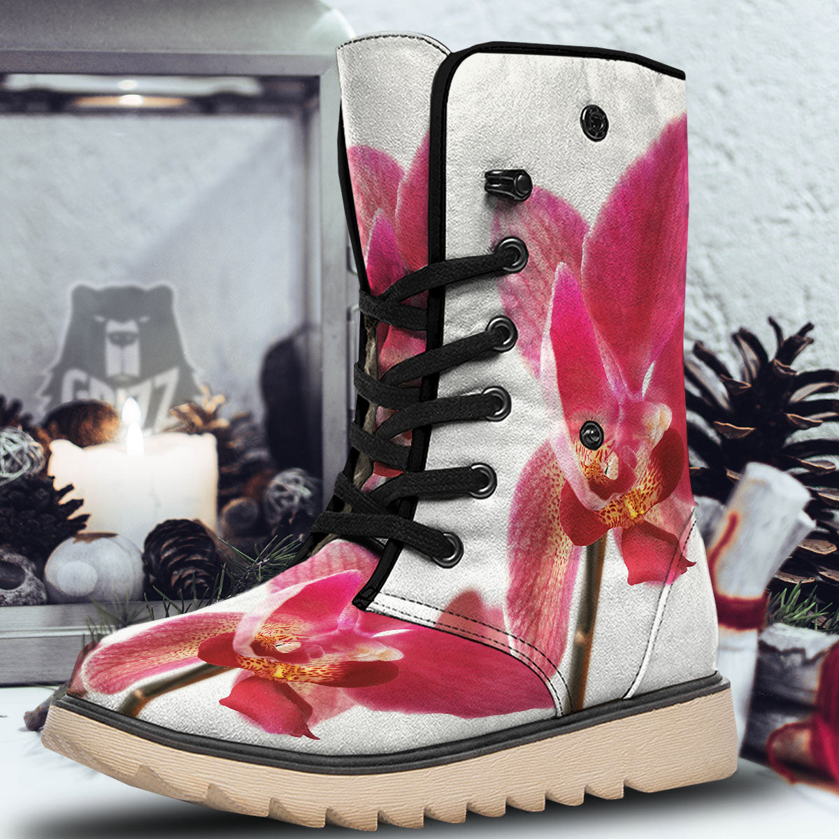 Orchid Flower Pink Print Snow Boots-grizzshop