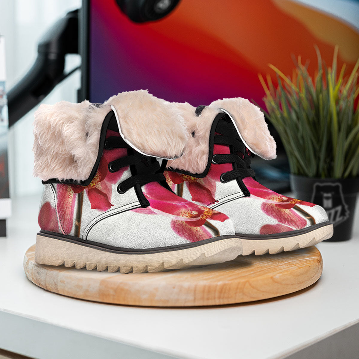 Orchid Flower Pink Print Snow Boots-grizzshop