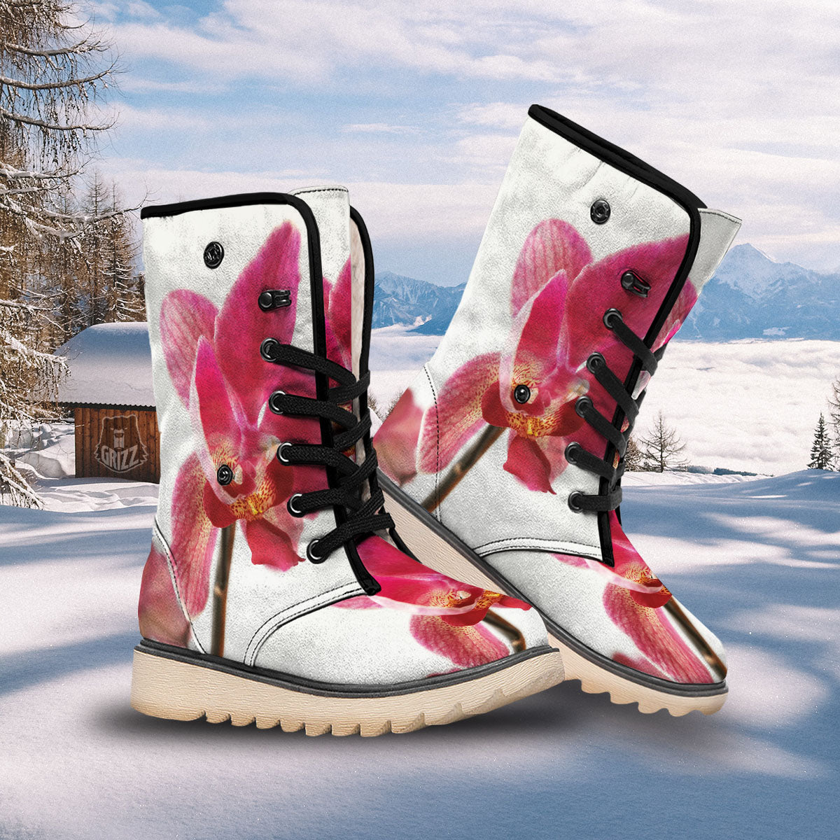 Orchid Flower Pink Print Snow Boots-grizzshop