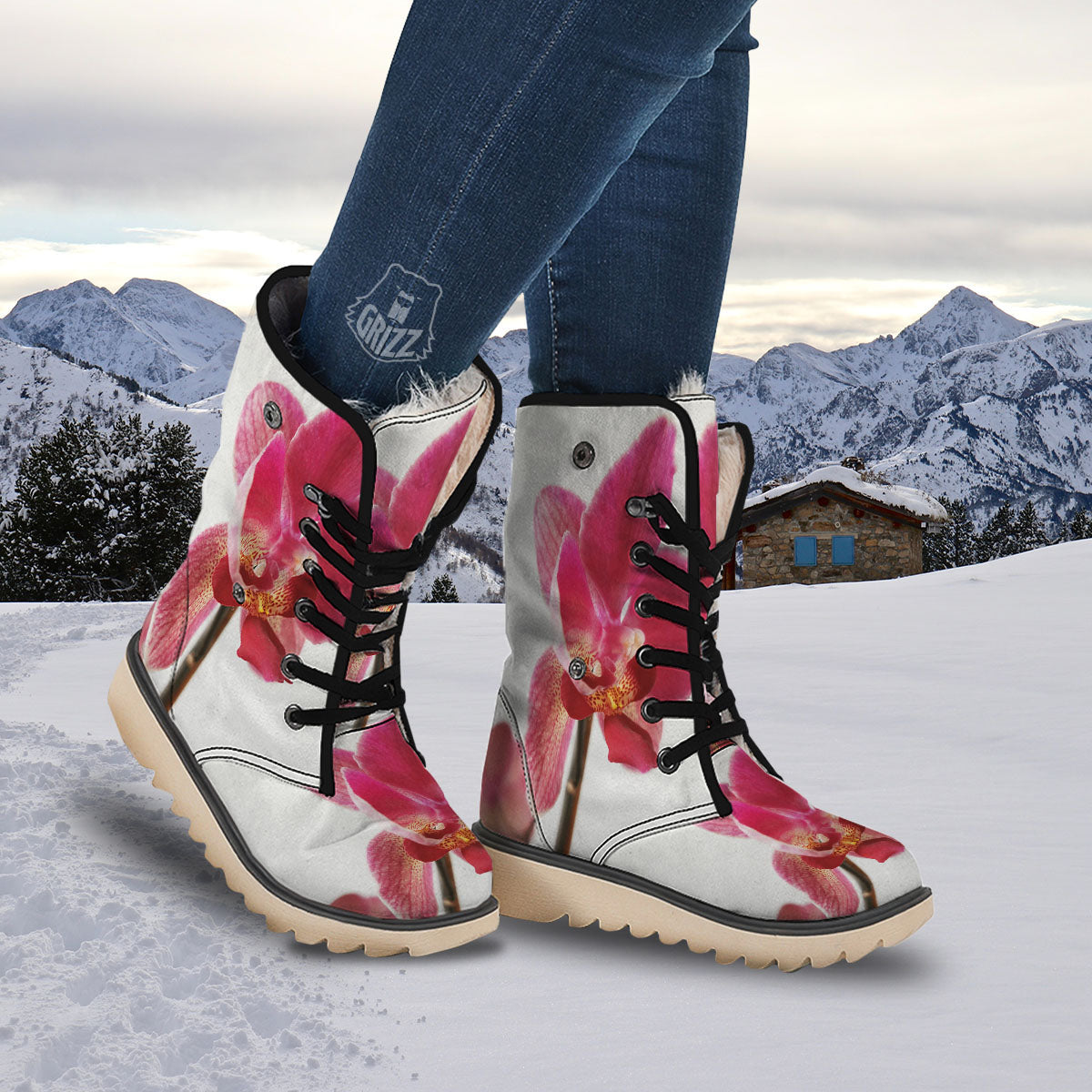 Orchid Flower Pink Print Snow Boots-grizzshop