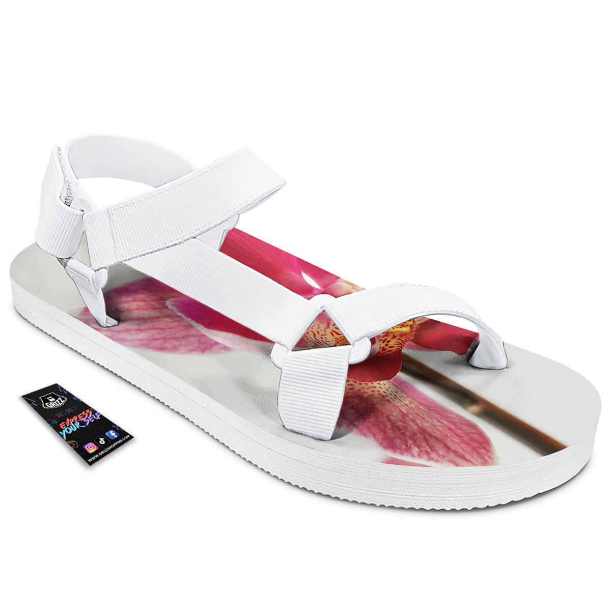 Orchid Flower Pink Print White Open Toe Sandals-grizzshop