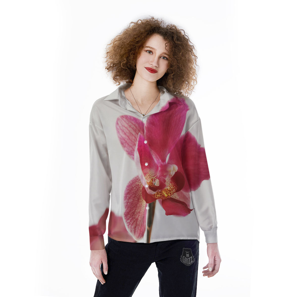 Orchid Flower Pink Print Women's Long Sleeve Shirts-grizzshop