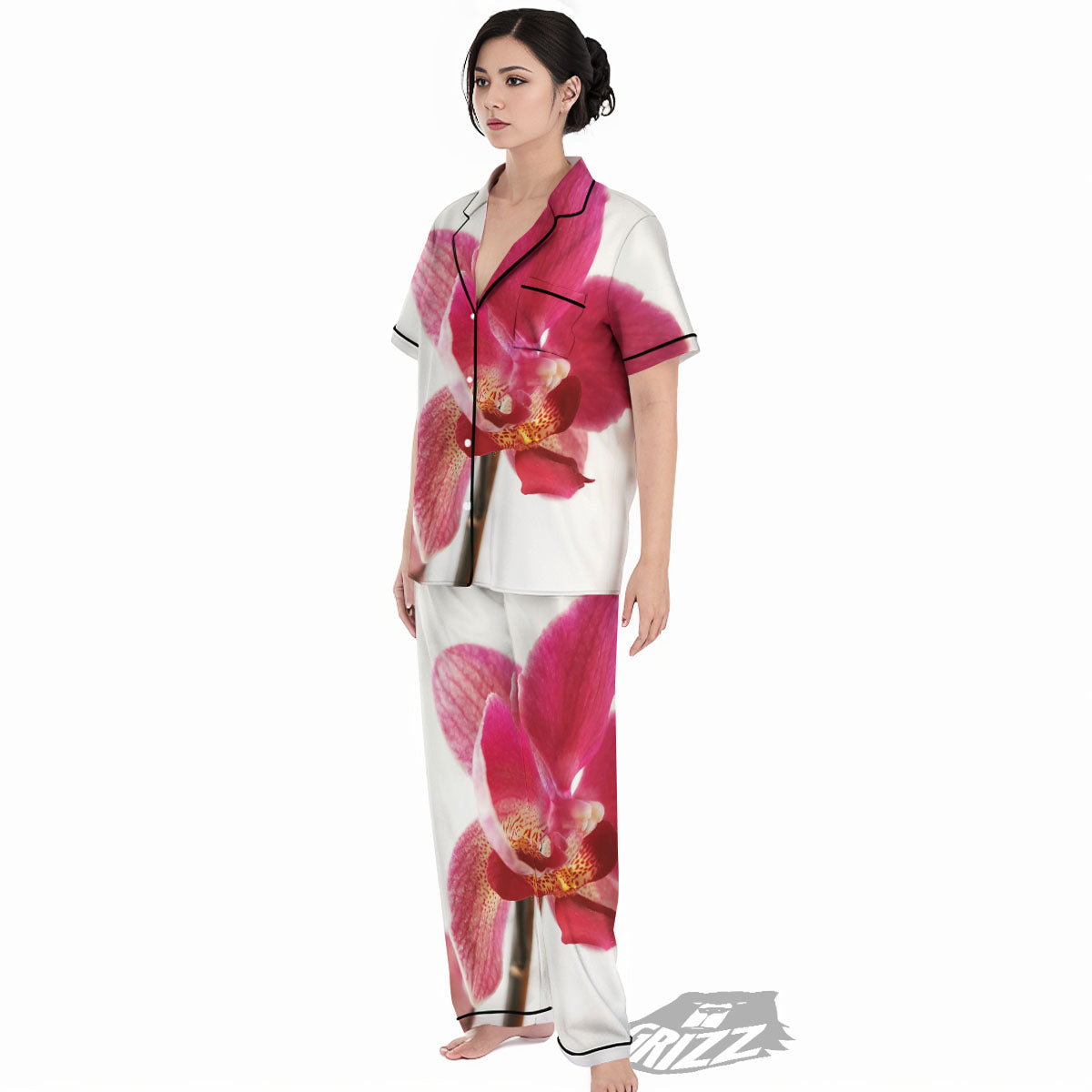 Orchid Flower Pink Print Women's Pajamas Set-grizzshop