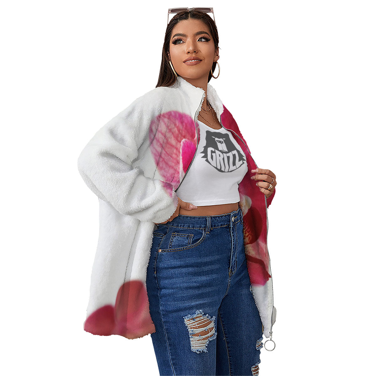 Orchid Flower Pink Print Women's Sherpa Jacket-grizzshop