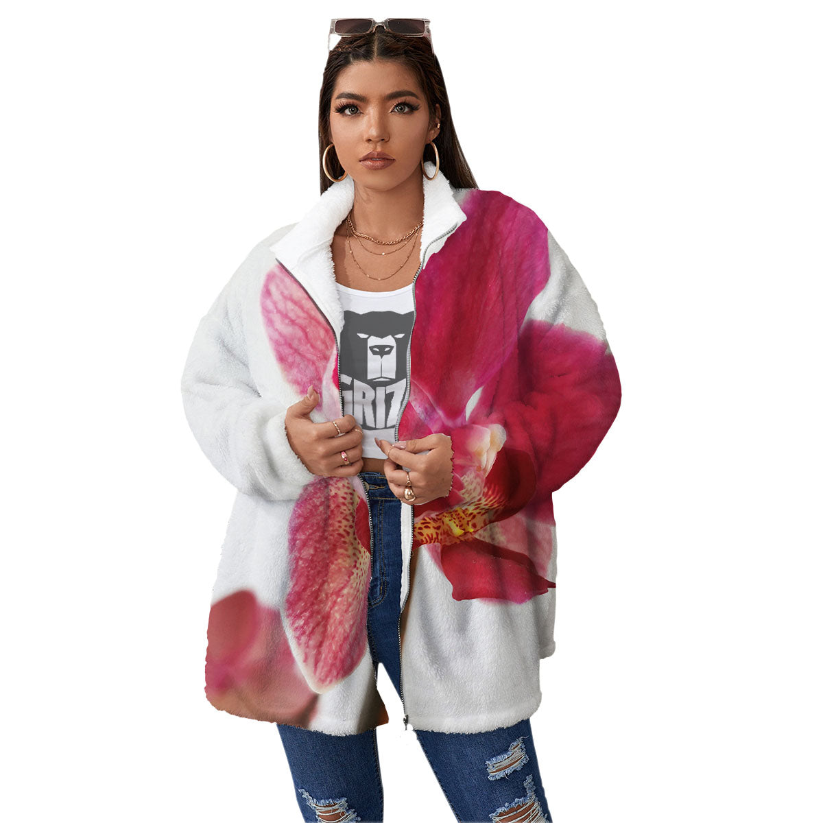 Orchid Flower Pink Print Women's Sherpa Jacket-grizzshop