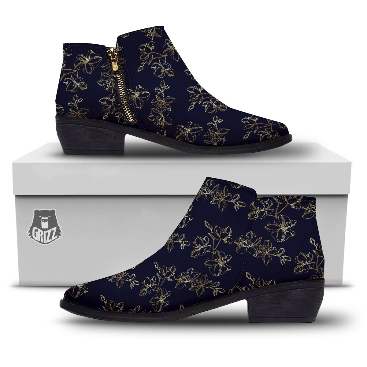 Orchid Golden Print Pattern Ankle Boots-grizzshop