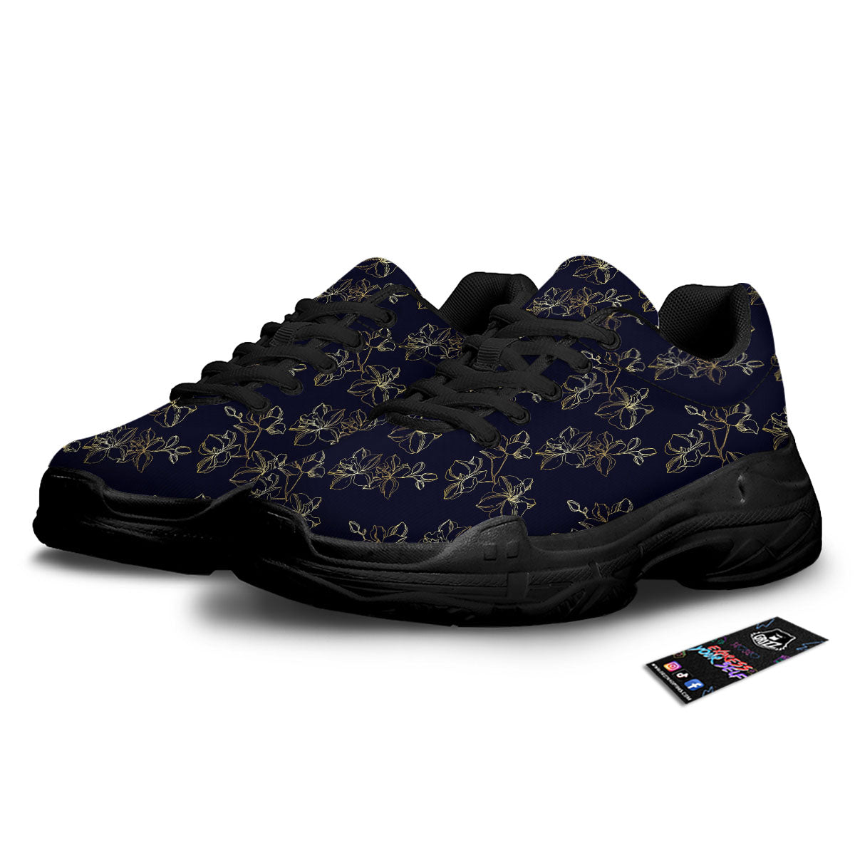 Orchid Golden Print Pattern Black Chunky Shoes-grizzshop