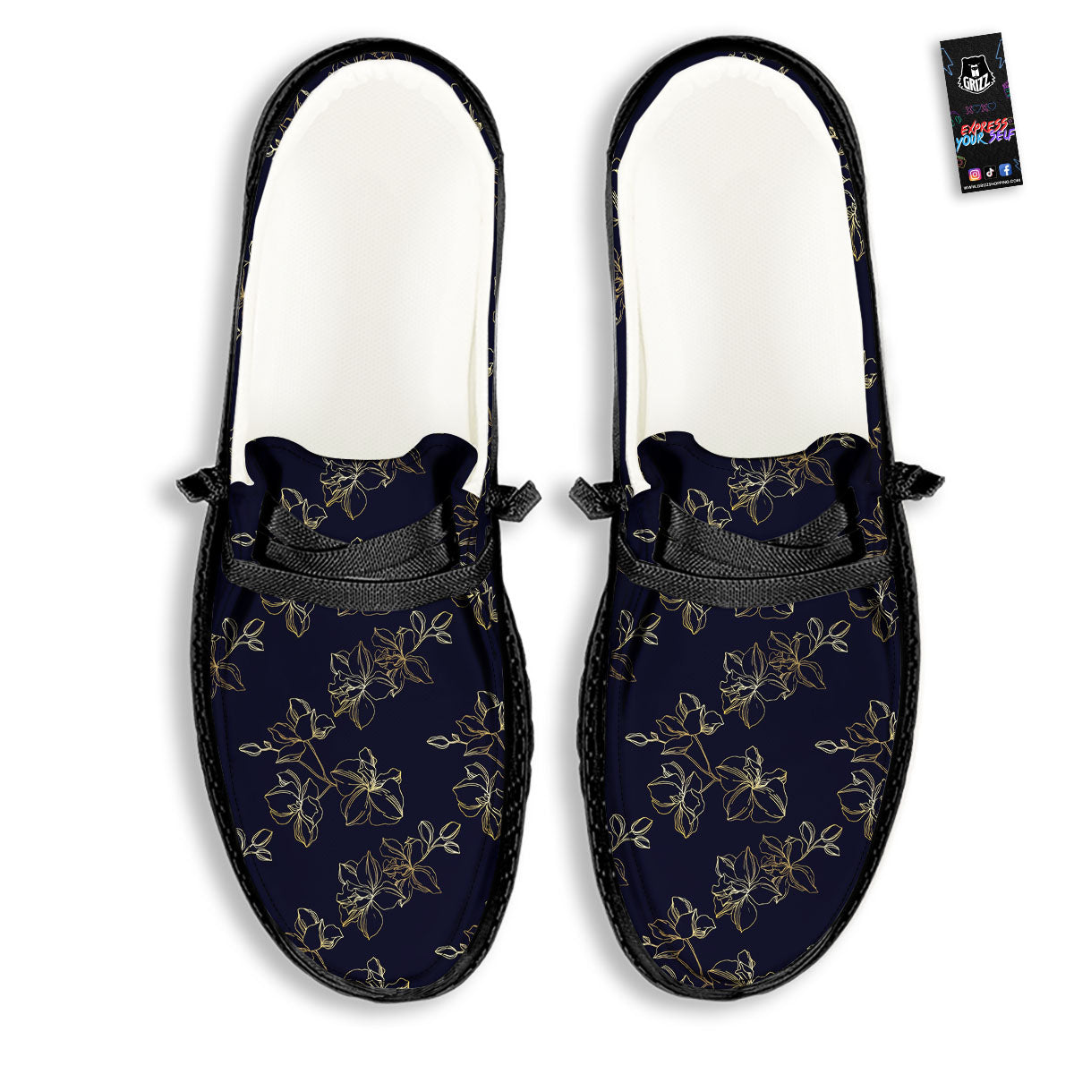 Orchid Golden Print Pattern Black Loafers-grizzshop