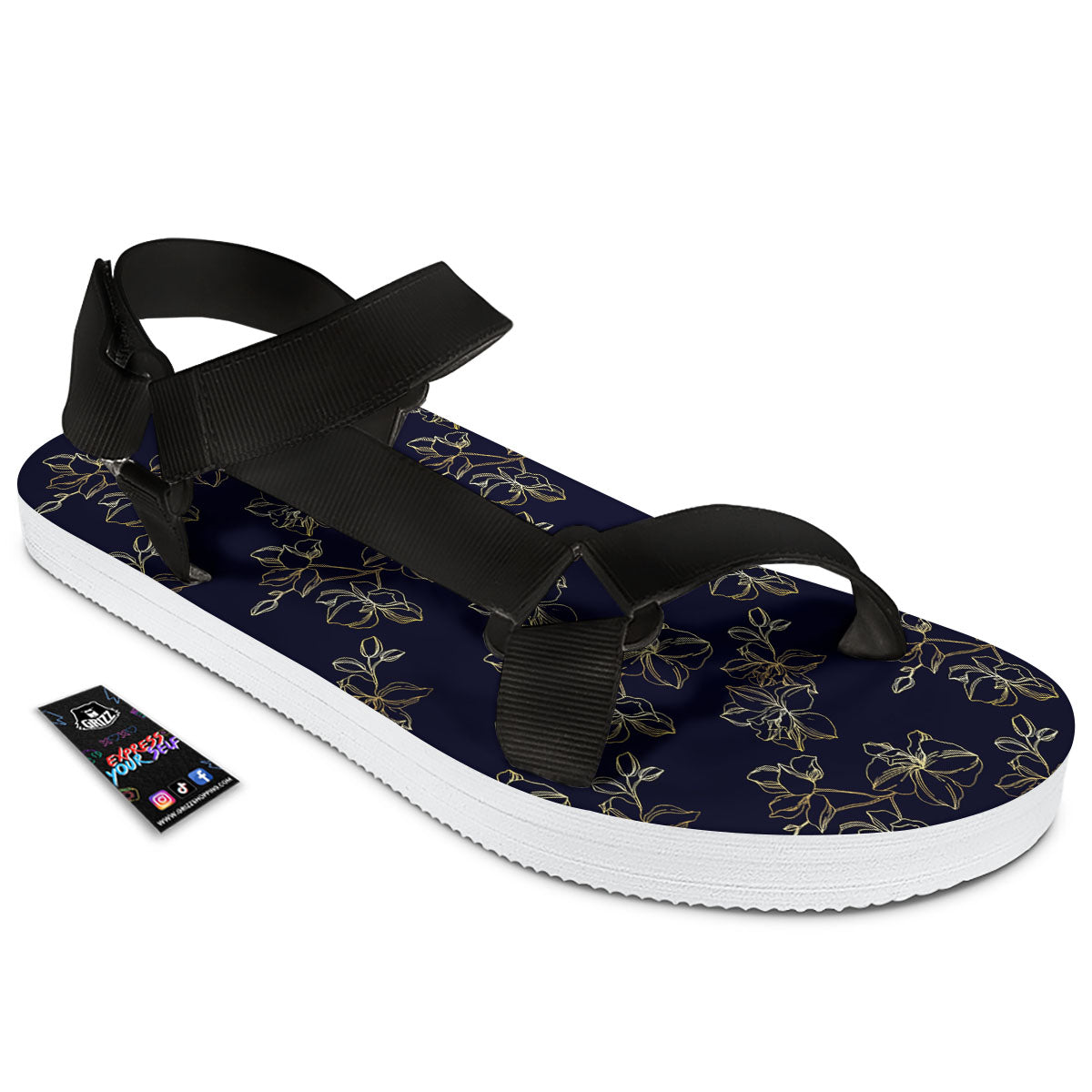 Orchid Golden Print Pattern Black Open Toe Sandals-grizzshop
