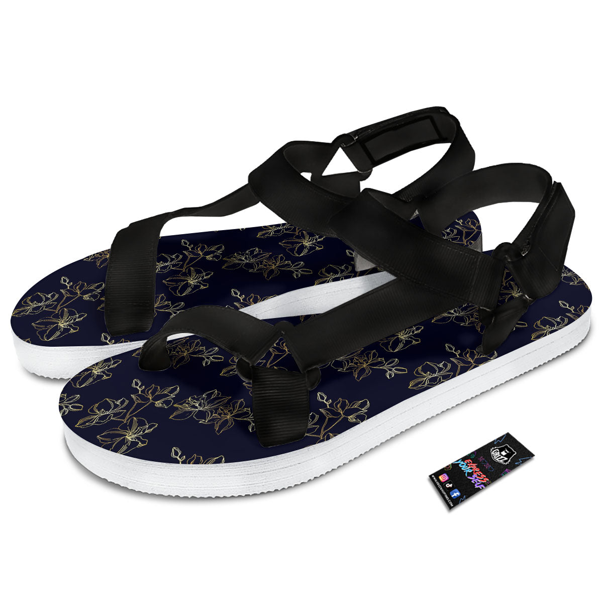 Orchid Golden Print Pattern Black Open Toe Sandals-grizzshop