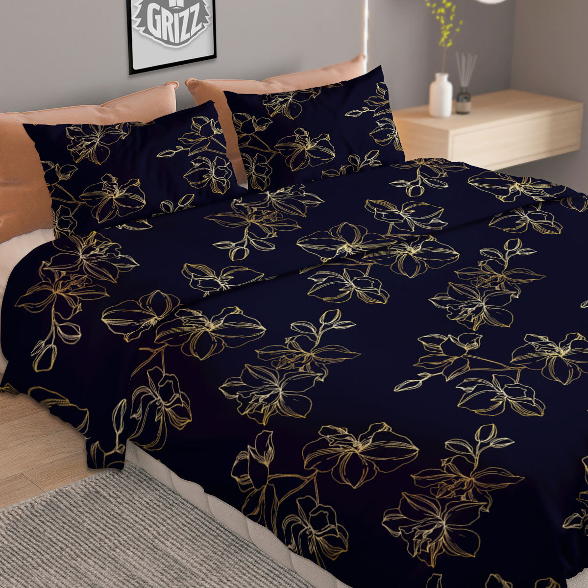 Orchid Golden Print Pattern Duvet Cover Bedding Set
