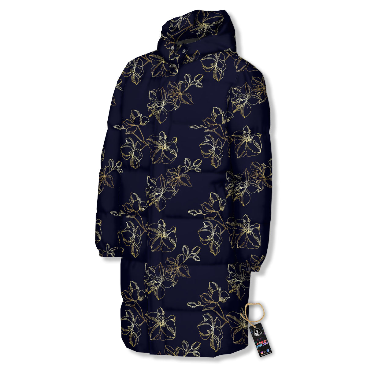 Orchid Golden Print Pattern Long Down Jacket-grizzshop