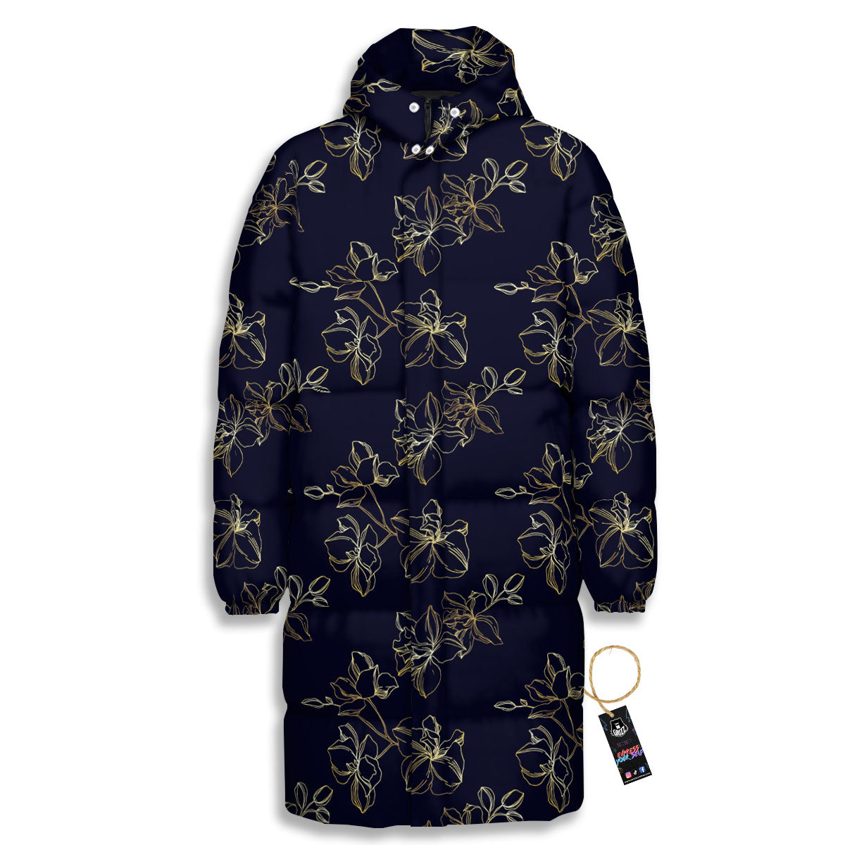 Orchid Golden Print Pattern Long Down Jacket-grizzshop