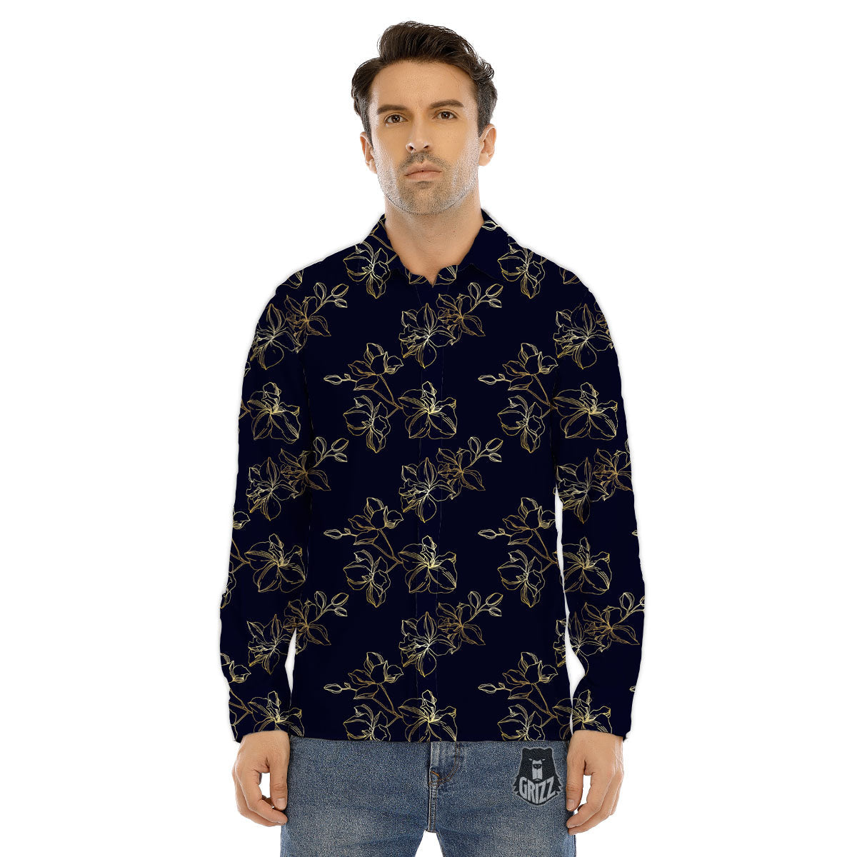 Orchid Golden Print Pattern Men's Dress Shirts-grizzshop