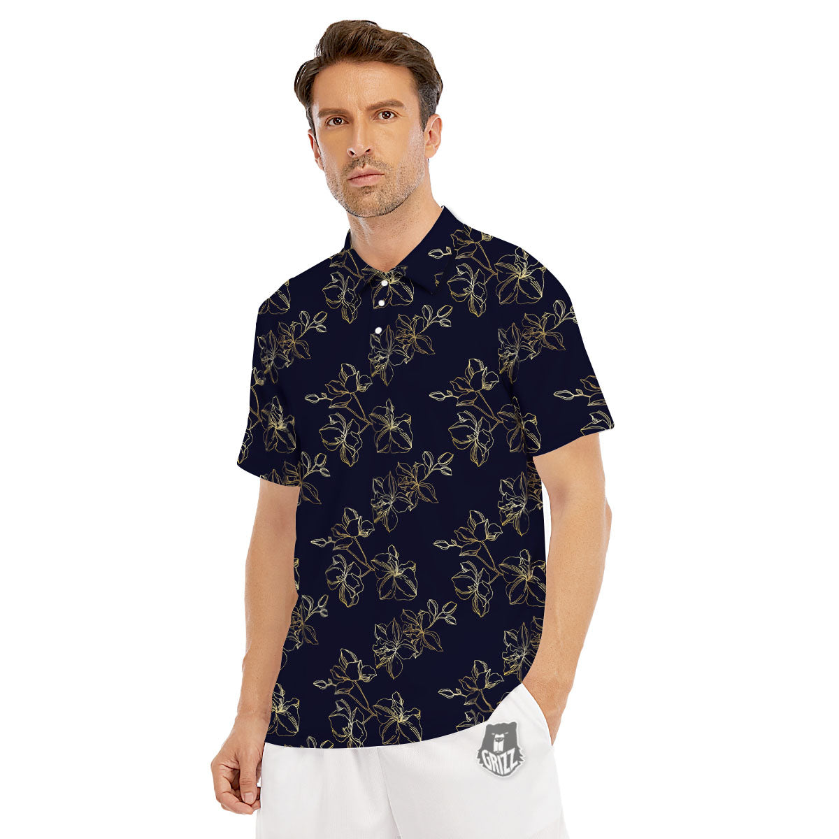 Orchid Golden Print Pattern Men's Golf Shirts-grizzshop