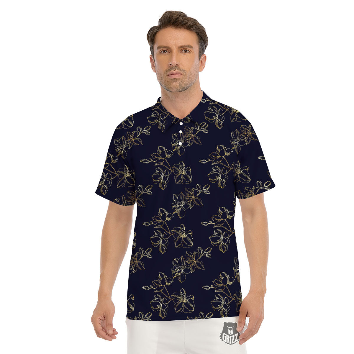 Orchid Golden Print Pattern Men's Golf Shirts-grizzshop
