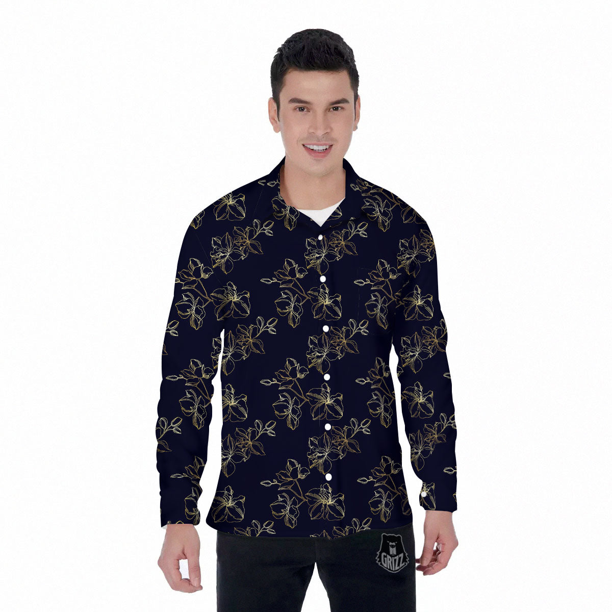 Orchid Golden Print Pattern Men's Long Sleeve Shirts-grizzshop