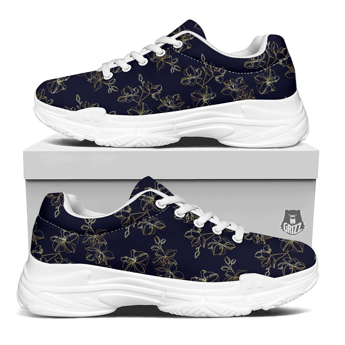 Orchid Golden Print Pattern White Chunky Shoes-grizzshop