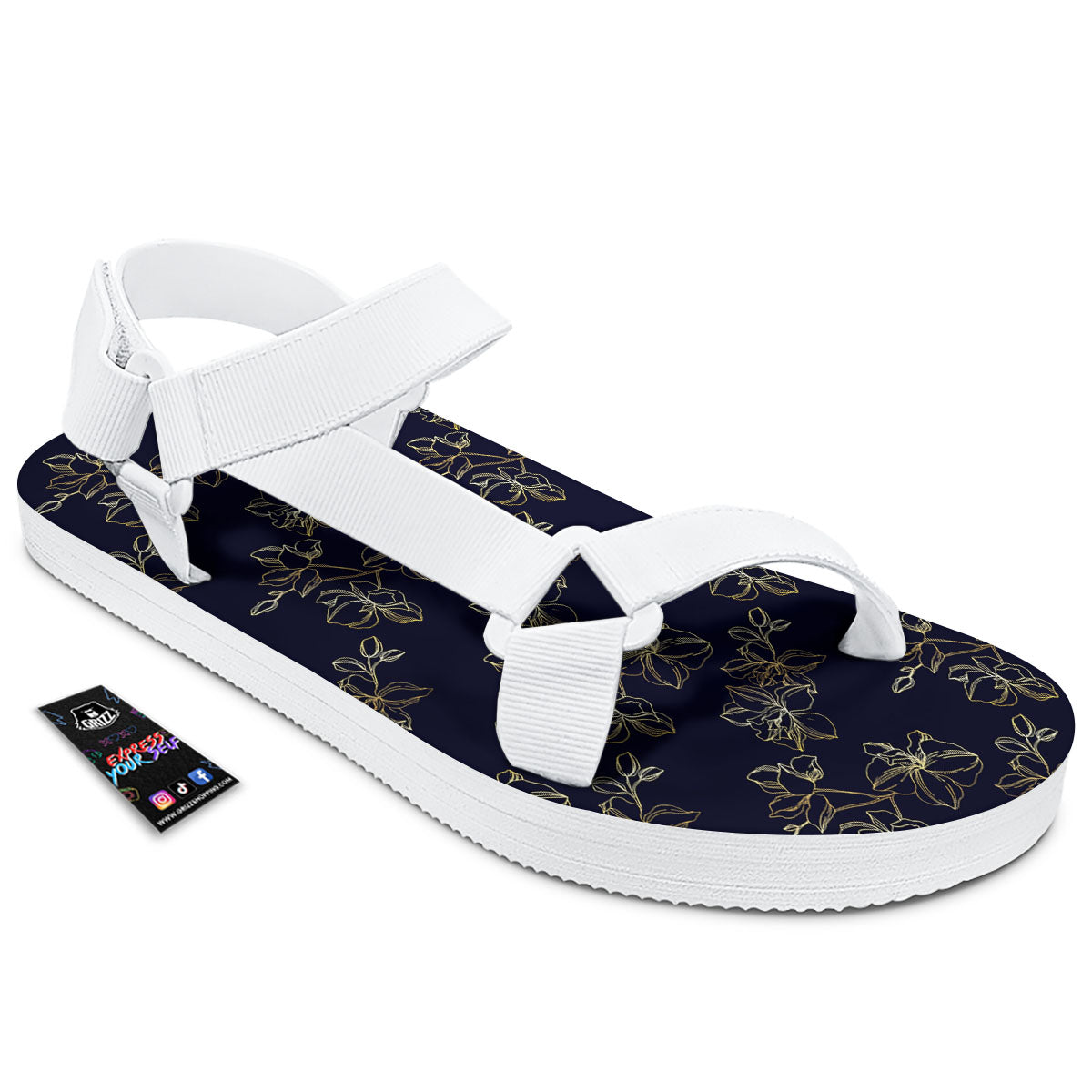 Orchid Golden Print Pattern White Open Toe Sandals-grizzshop