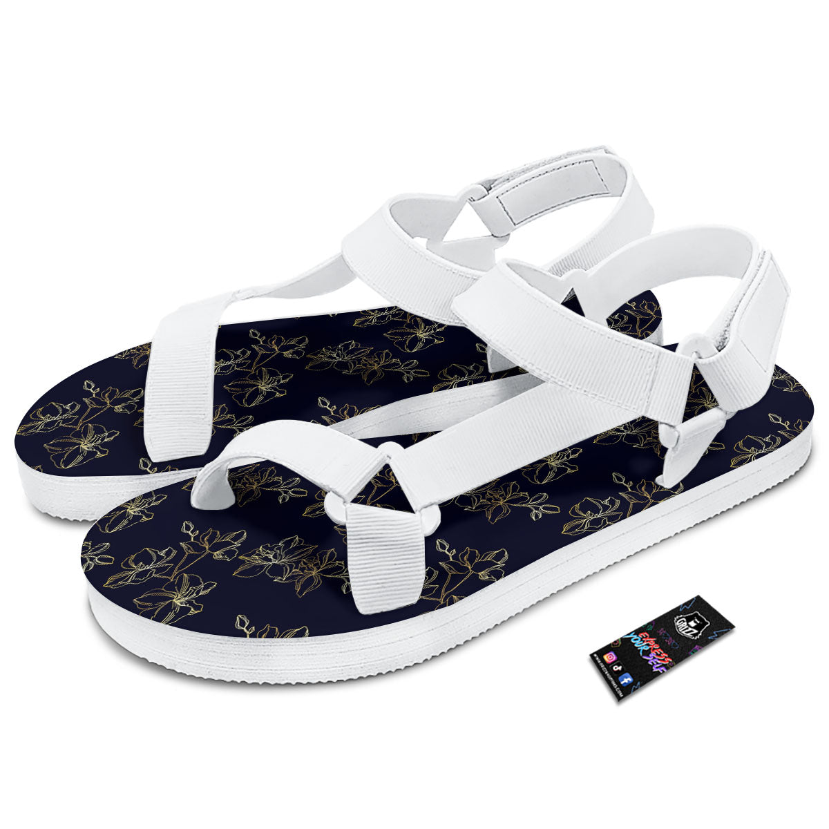 Orchid Golden Print Pattern White Open Toe Sandals-grizzshop