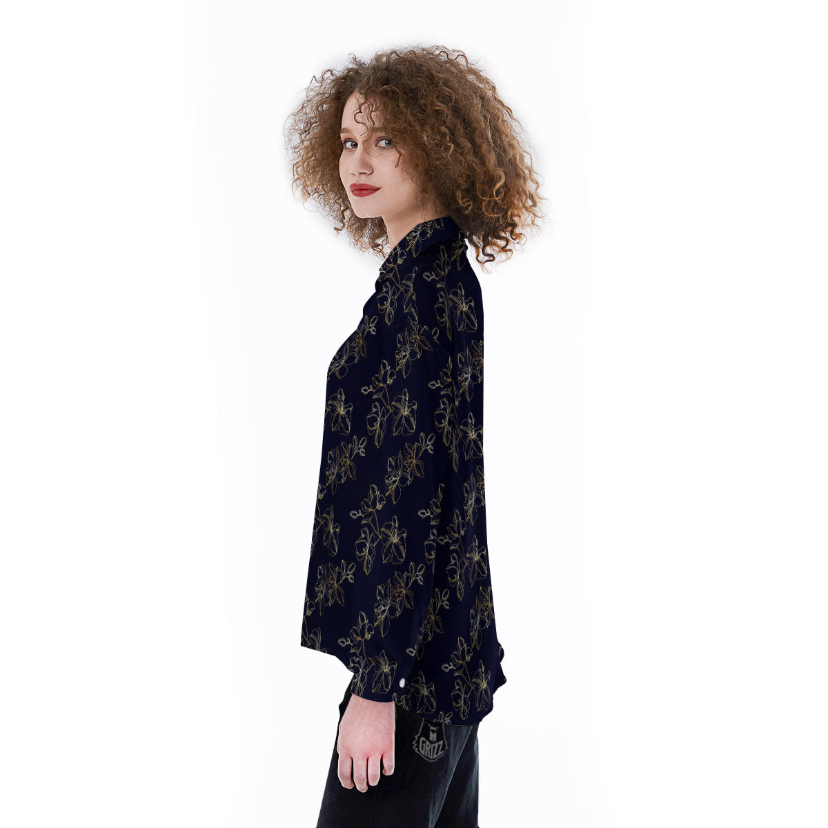 Orchid Golden Print Pattern Women's Long Sleeve Shirts-grizzshop