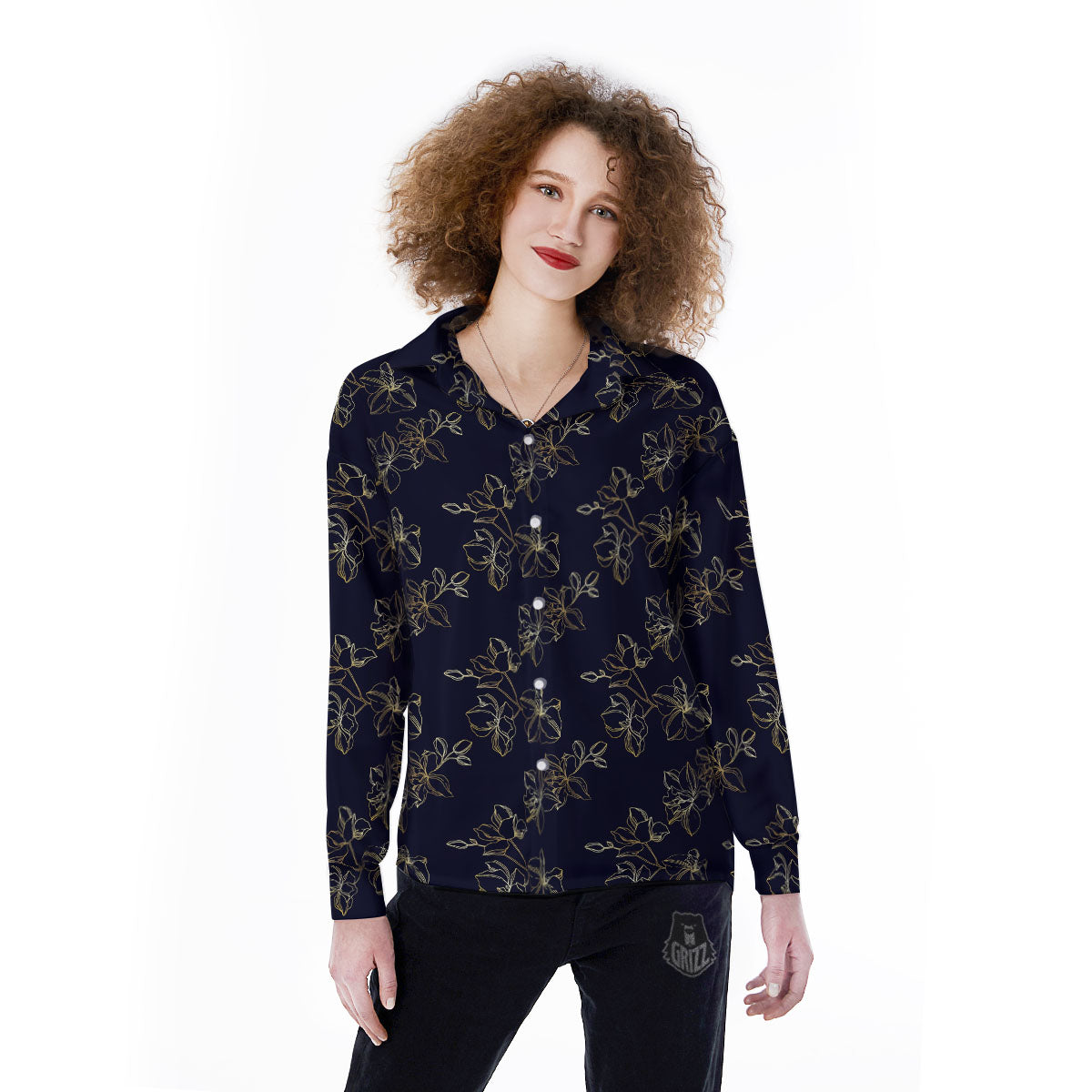 Orchid Golden Print Pattern Women's Long Sleeve Shirts-grizzshop