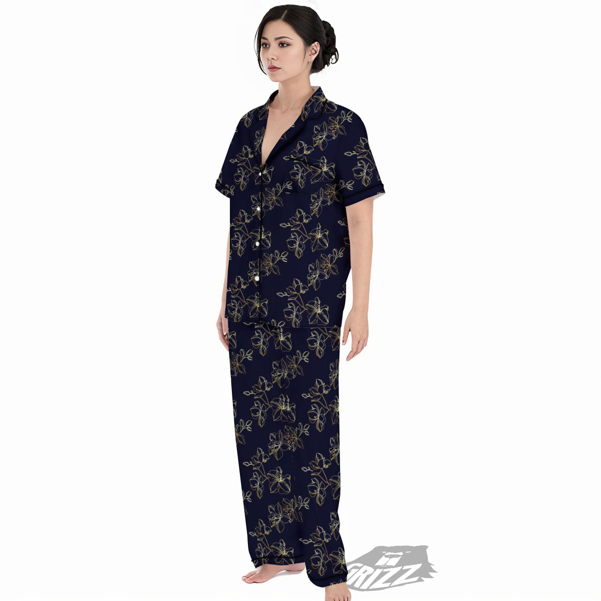 Orchid Golden Print Pattern Women's Pajamas Set-grizzshop
