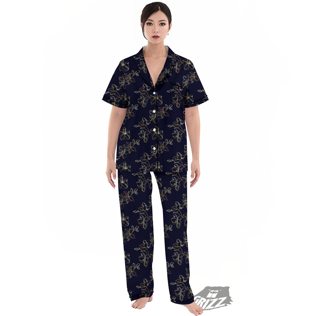 Orchid Golden Print Pattern Women's Pajamas Set-grizzshop