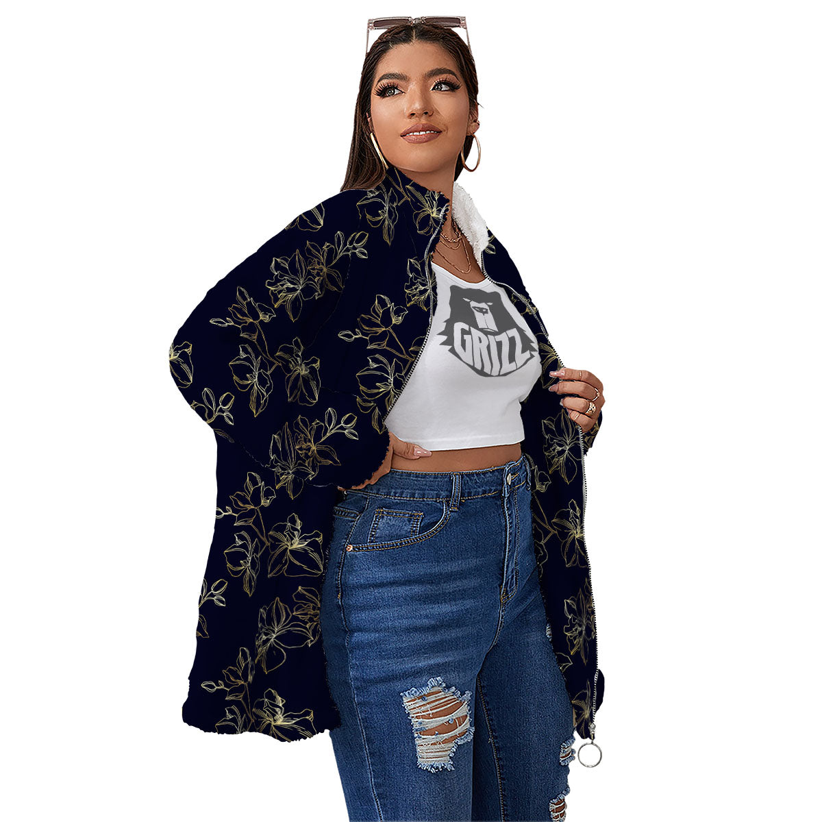 Orchid Golden Print Pattern Women's Sherpa Jacket-grizzshop