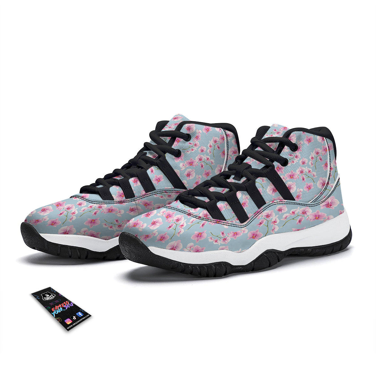 Orchid Watercolor Print Pattern Black Bball Shoes-grizzshop