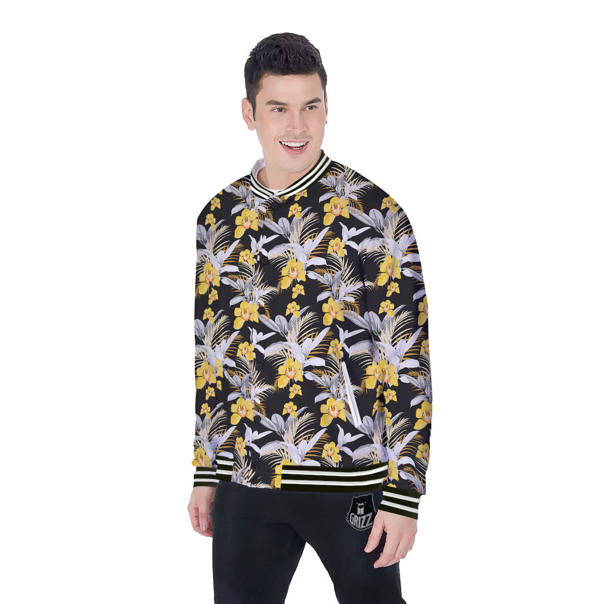 Orchid Yellow Print Pattern Baseball Jacket-grizzshop