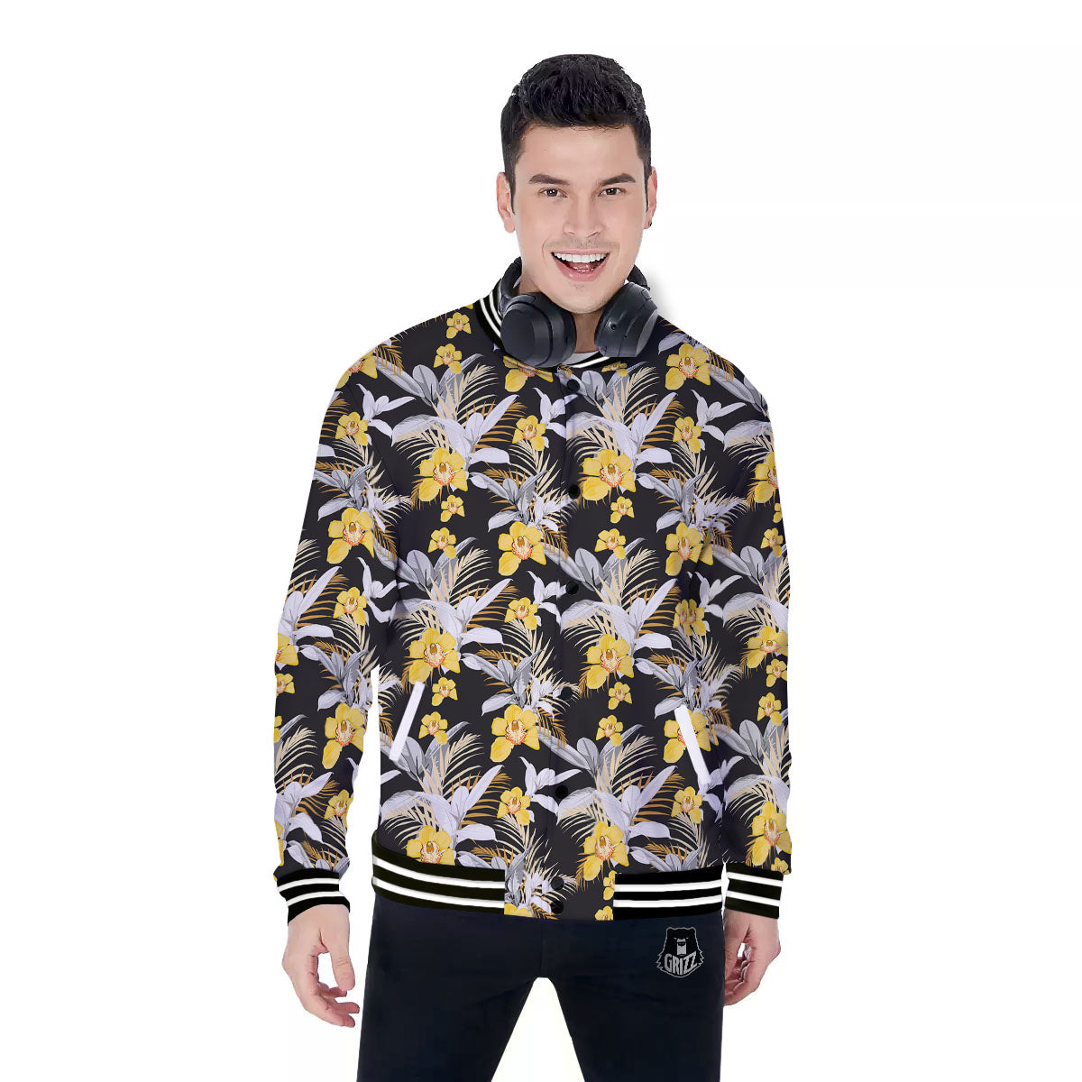 Orchid Yellow Print Pattern Baseball Jacket-grizzshop