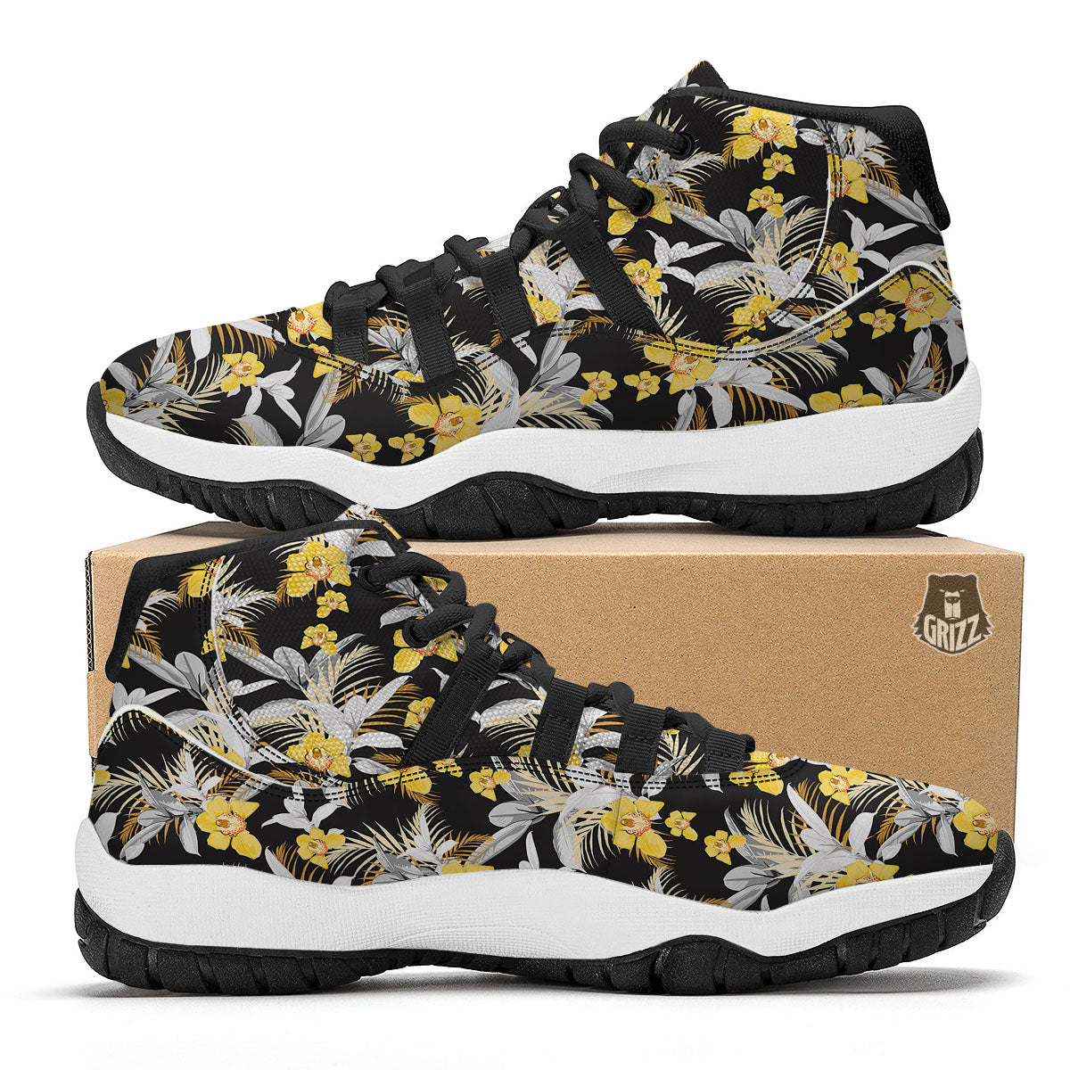 Orchid Yellow Print Pattern Black Bball Shoes-grizzshop