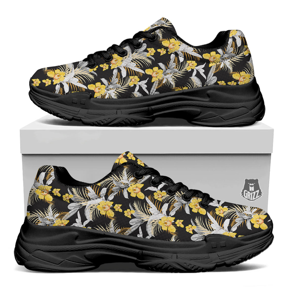 Orchid Yellow Print Pattern Black Chunky Shoes-grizzshop