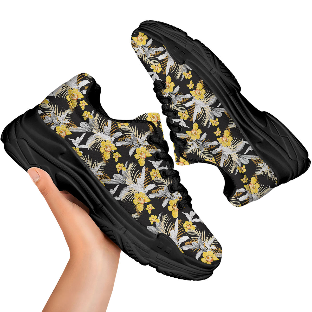 Orchid Yellow Print Pattern Black Chunky Shoes-grizzshop